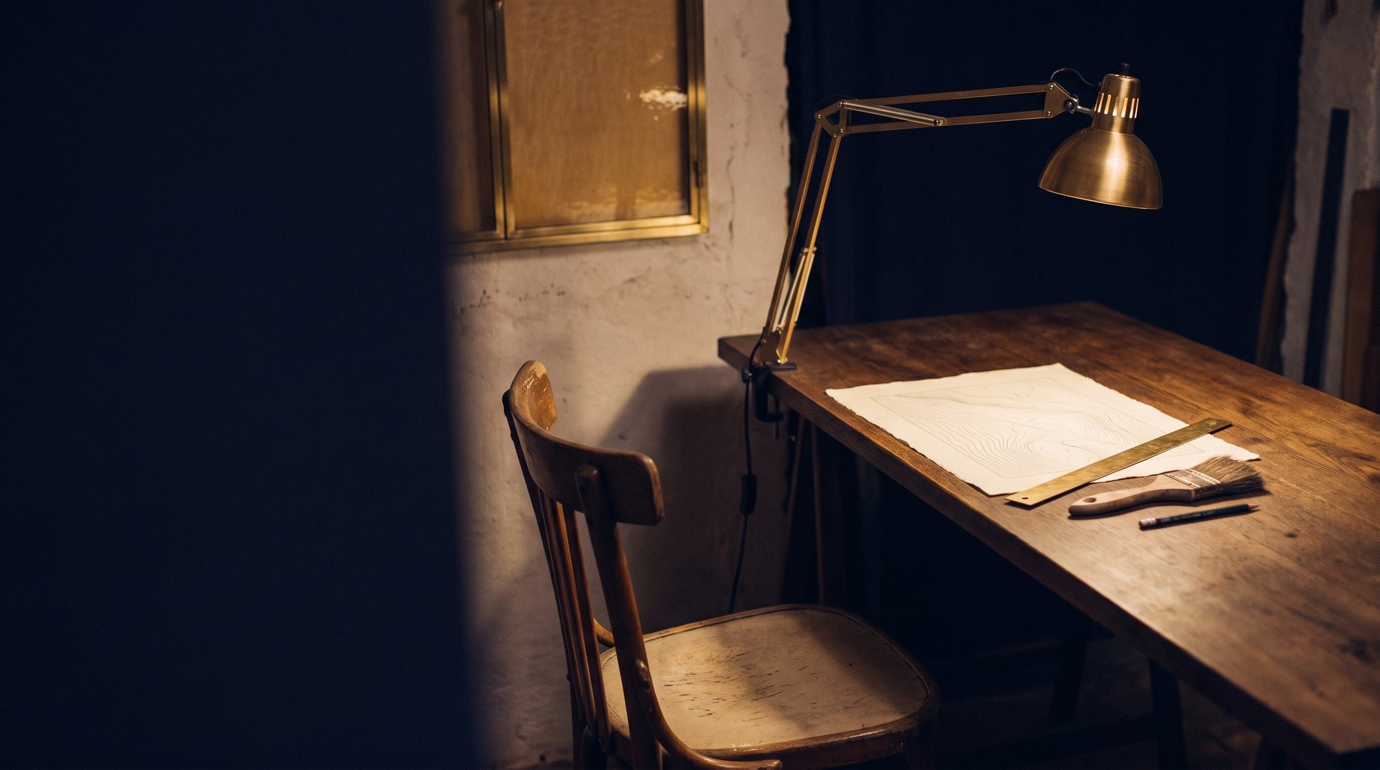 The same workbench, late: one chair pulled up, the brass lamp still lit over a sheet of rag paper, a brass rule and a brush set down.