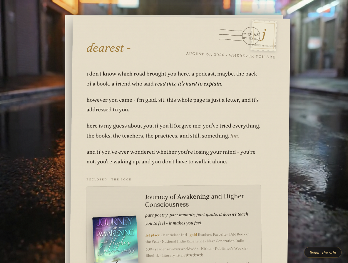 The janekimyu.com page: one letter on cream paper, postmarked after midnight, floating over a rainy neon street.