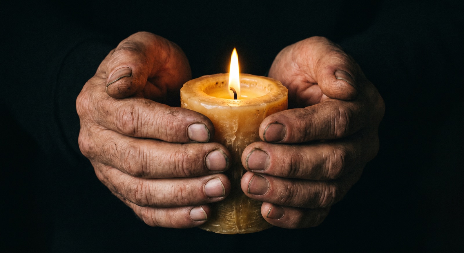 Two hands cradling a lit beeswax candle